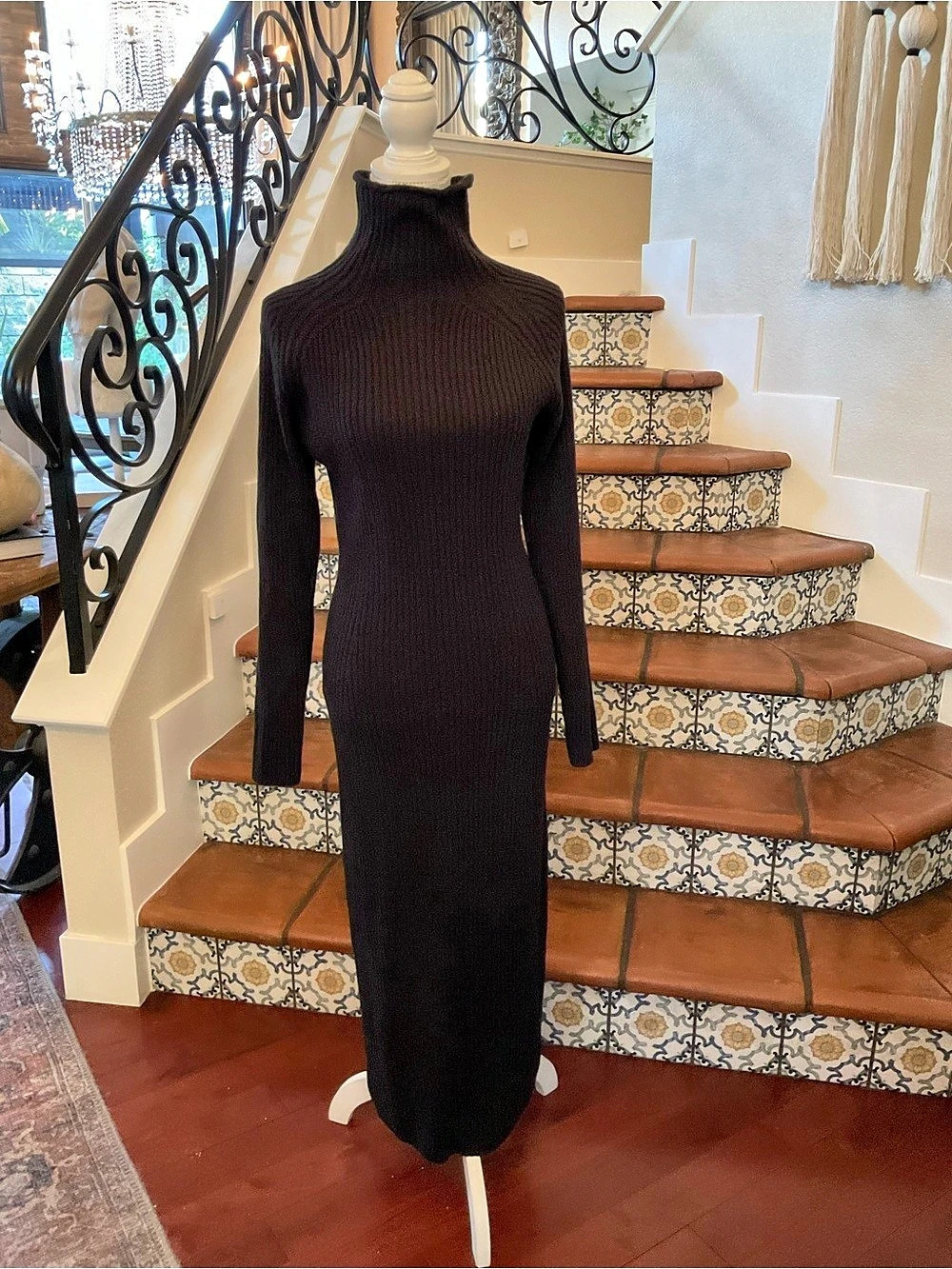 H&M  Silk Blend Melange De Soie Black ribbed knit turtleneck  dress,  Medium